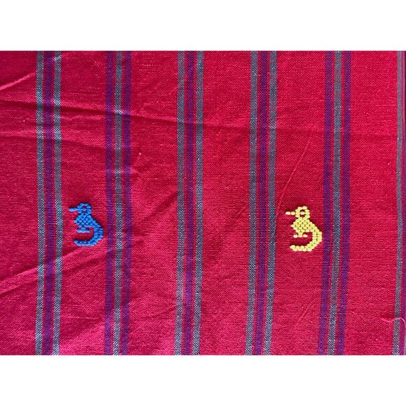 Vintage Large Guatemalan Handloomed Cotton Tablecloth Bird and Man Motif 58”x99” - Picture 2 of 6